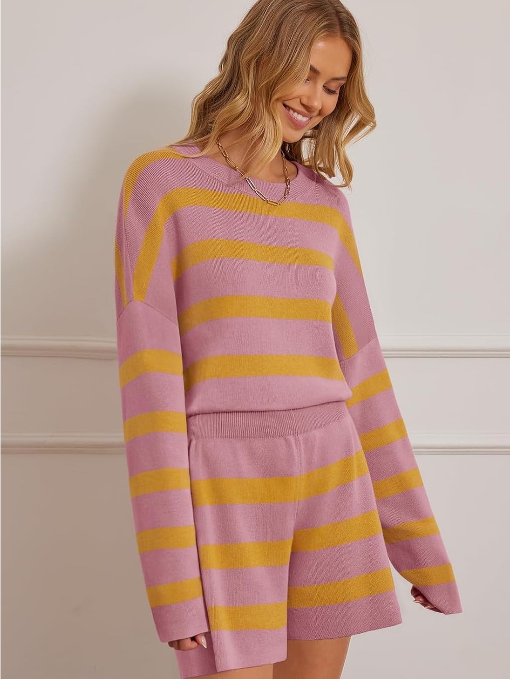 NWT Striped Pink and Mustard Knit Sweater and Shorts Matching Set